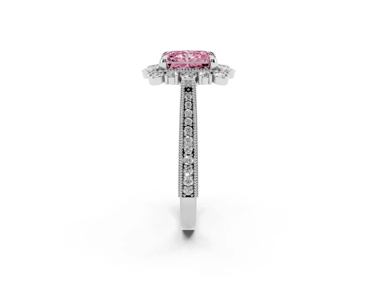 Fancy Pink Radiant Cut Halo Milgrain Pave Diamond Ring with Four-Prong Setting Silver