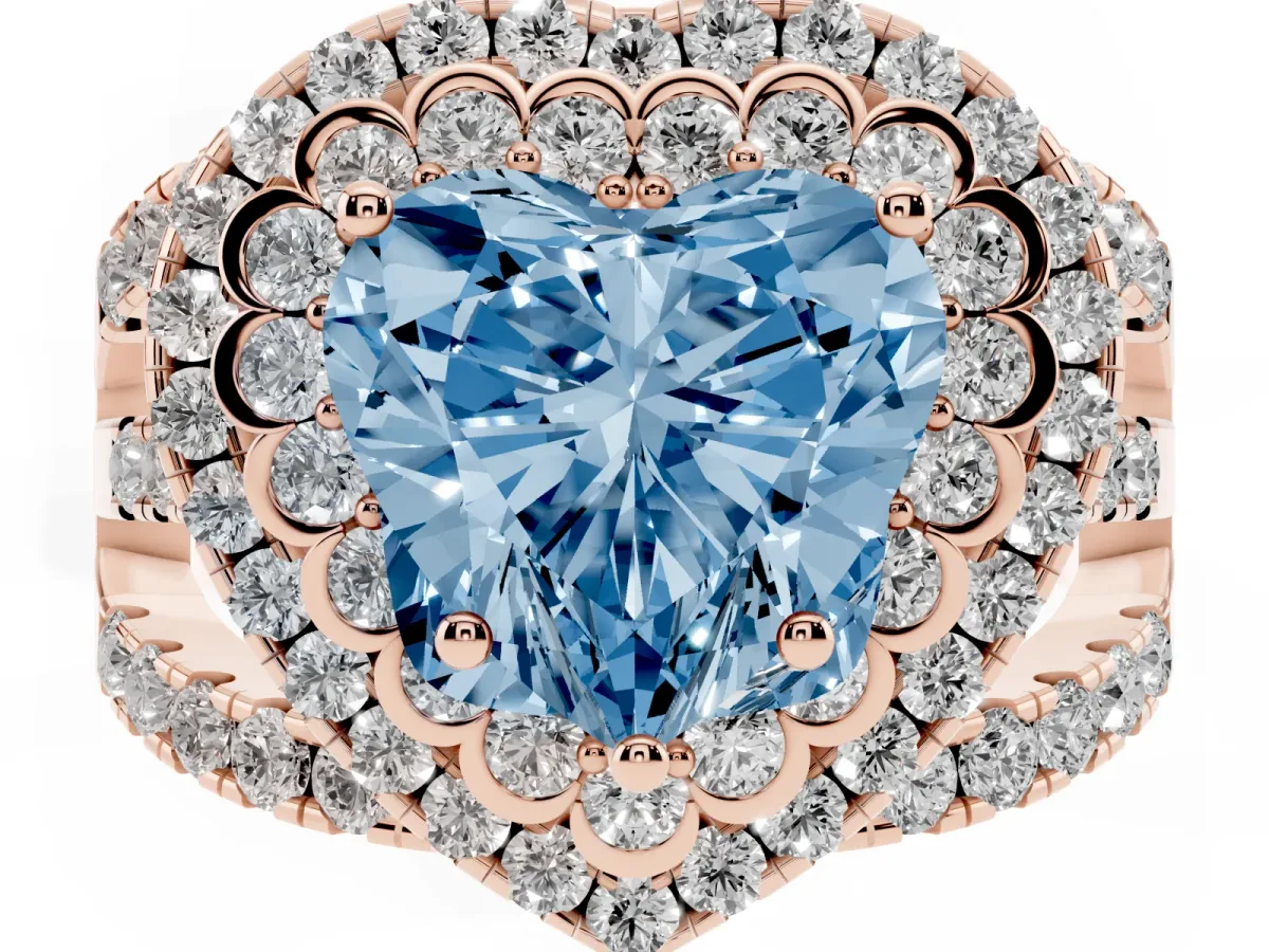 Fancy Blue Heart Cut Diamond Double Halo Ring with Round Pavé Split Shank and Prong Setting Rose gold