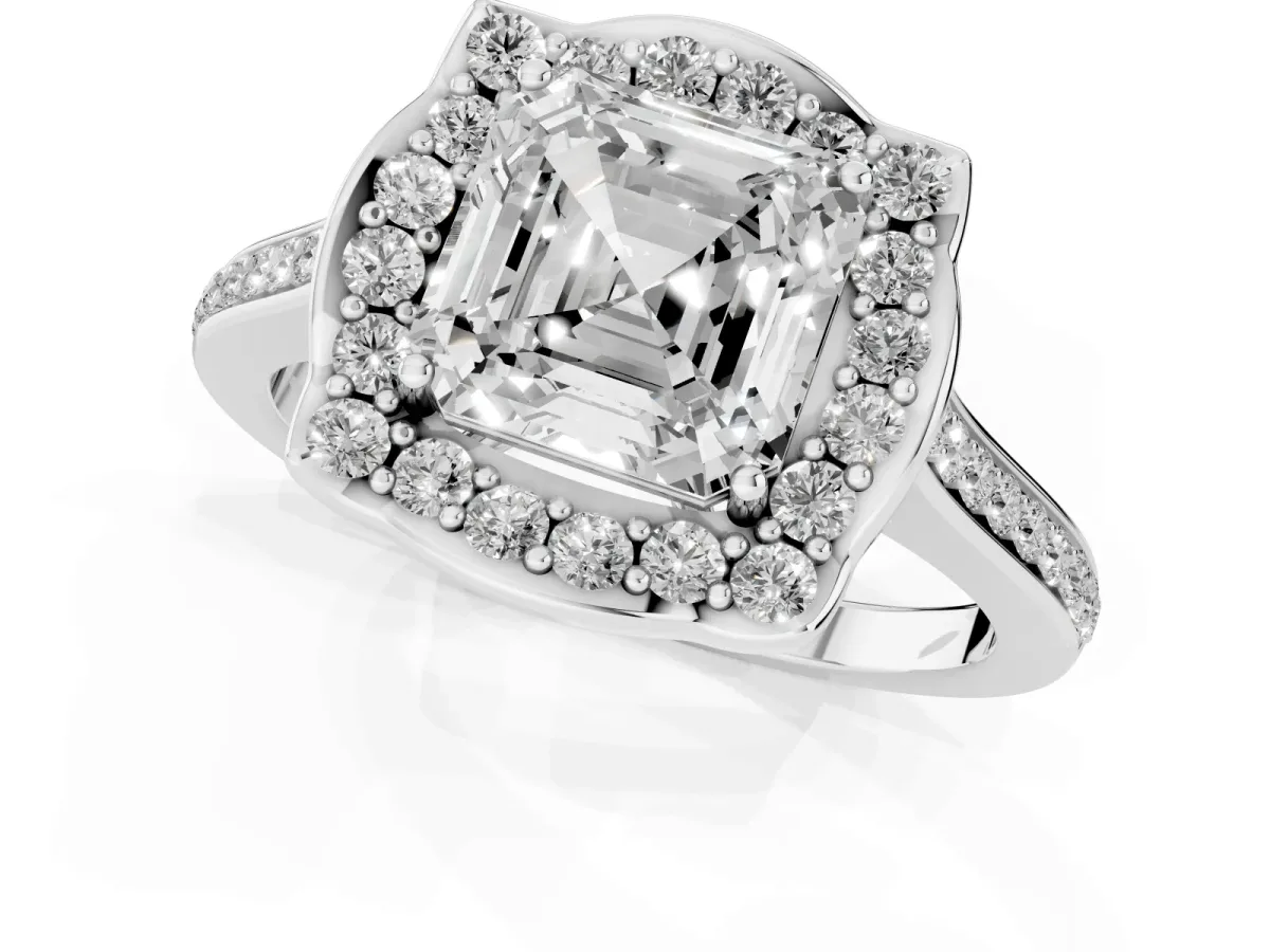 Asscher Cut Halo Round Diamond Pave Band with Four-Prong Setting Silver