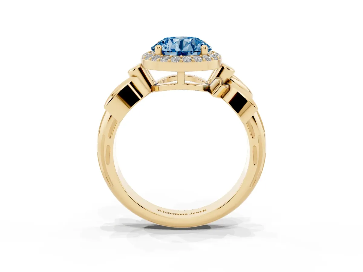 Fancy Blue Round Cut Halo Diamond Floral Band with Four-Prong Setting Yellow gold