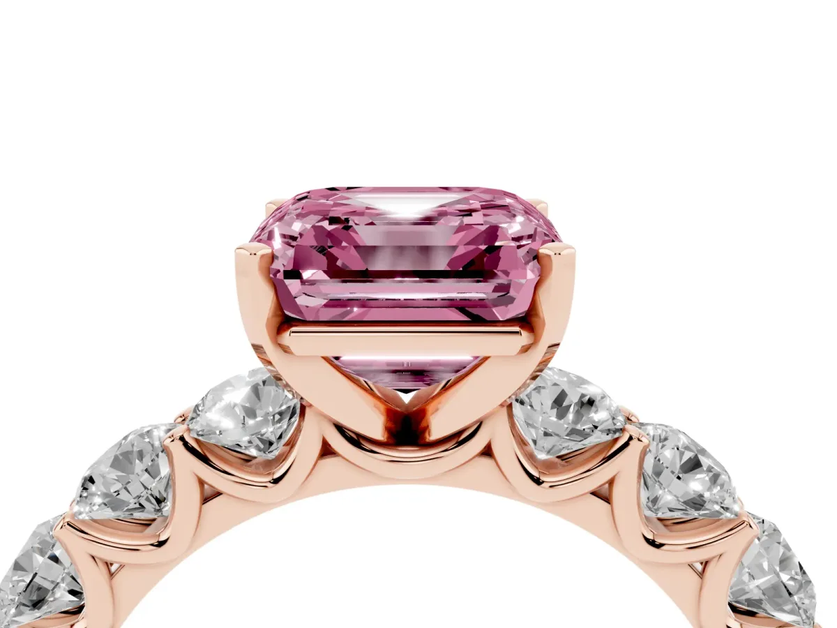 Fancy Pink Asscher Cut Diamond Prong Setting with Side Stones on a Pave Band Rose gold