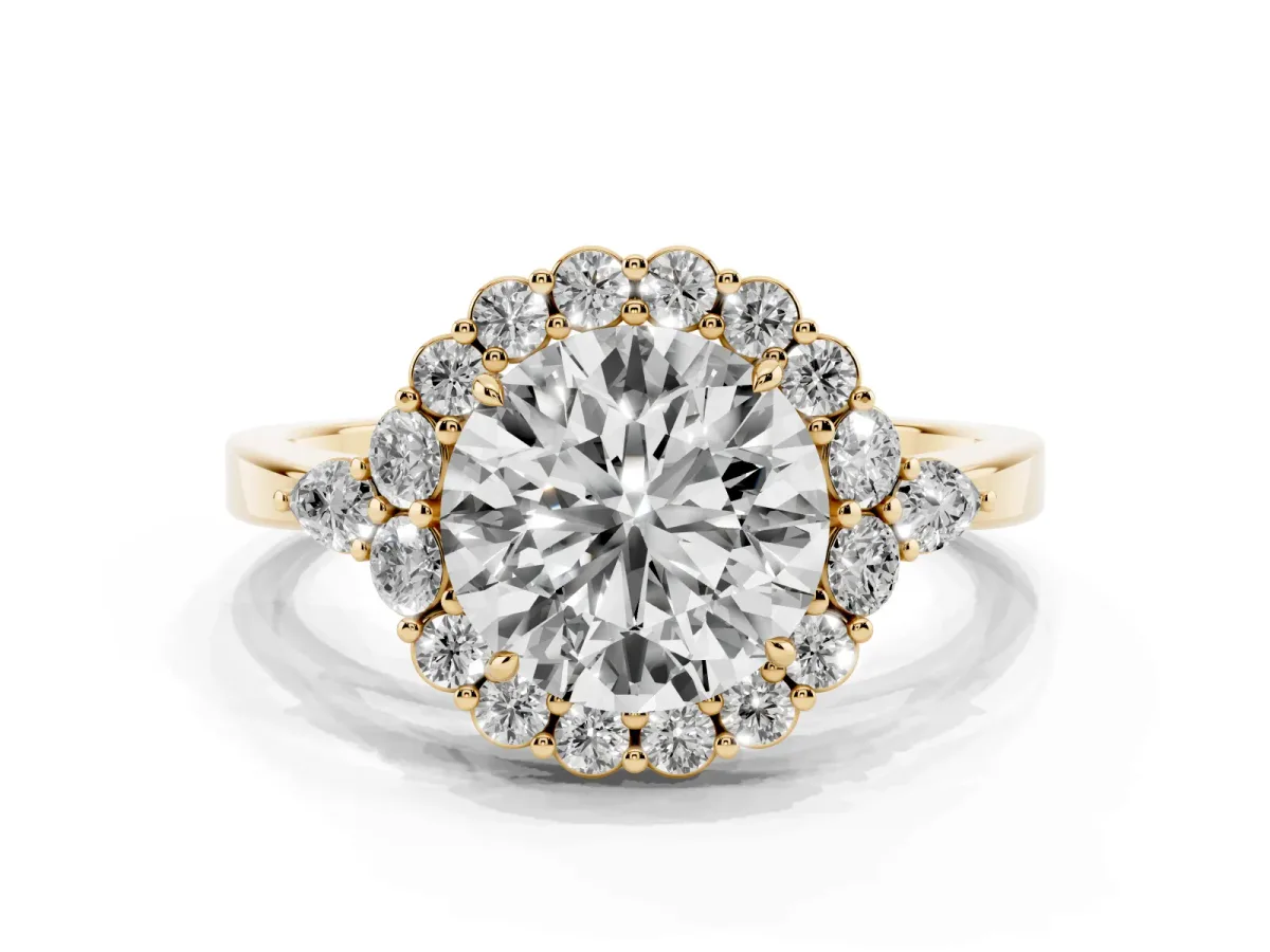 Round Cut Diamond Halo Ring with Pear Side Stones and Prong Setting Yellow gold