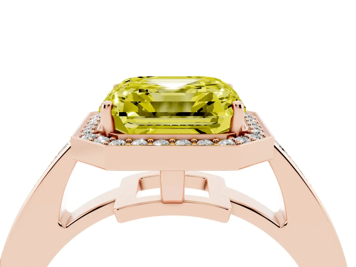 Fancy Yellow Asscher Cut Halo Pavé Diamond Engagement Ring with Bezel Setting Rose gold