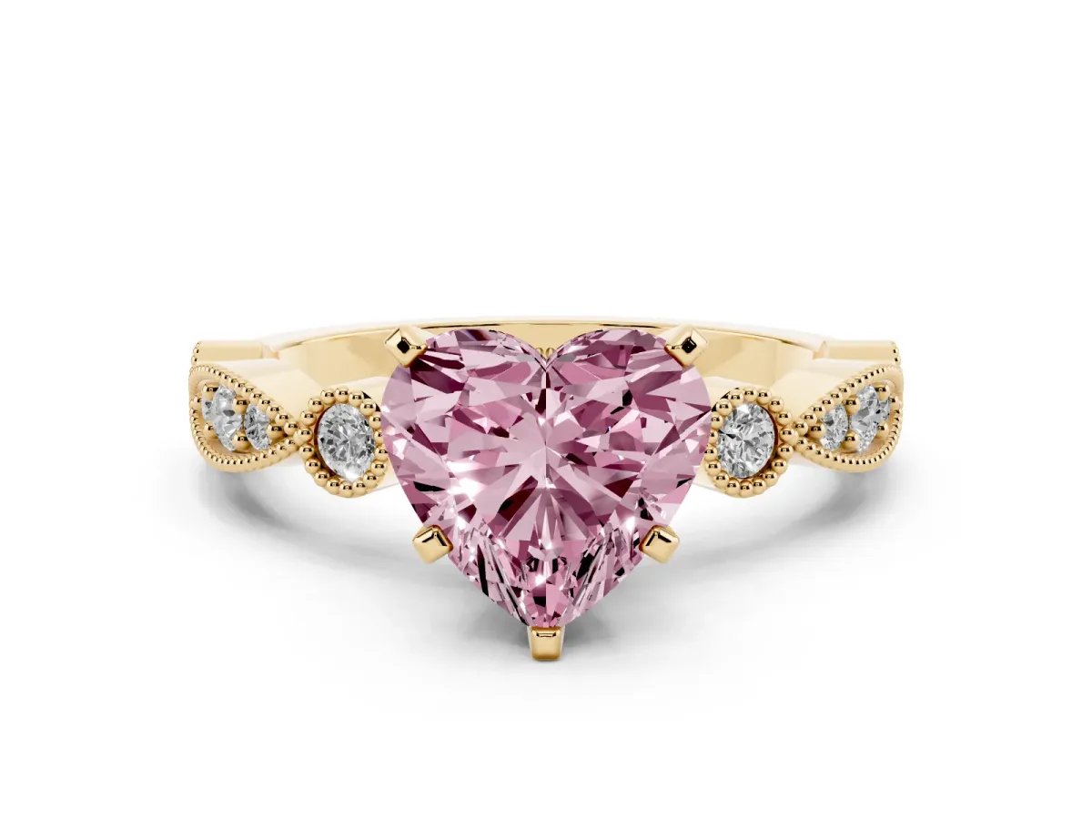 Fancy Pink Heart Cut Milgrain Bezel Diamond Engagement Ring with Solitaire Prong Setting Yellow gold