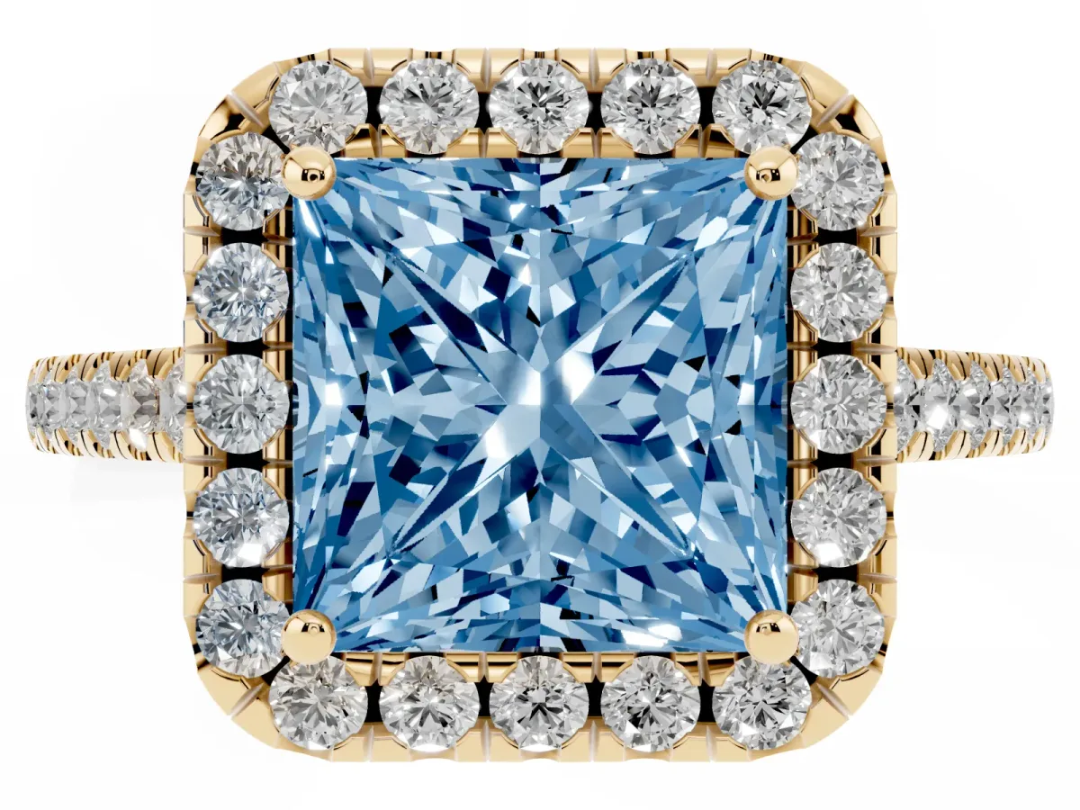 Fancy Blue Princess Cut Halo Pavé Diamond Engagement Ring with Four-Prong Setting Yellow gold