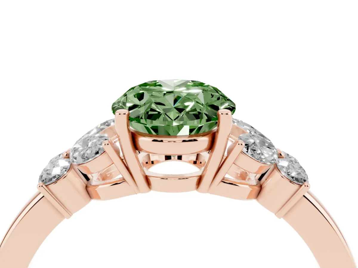 Fancy Green Oval Cut Cut Solitaire Floral Diamond Ring with Four-Prong Setting Rose gold