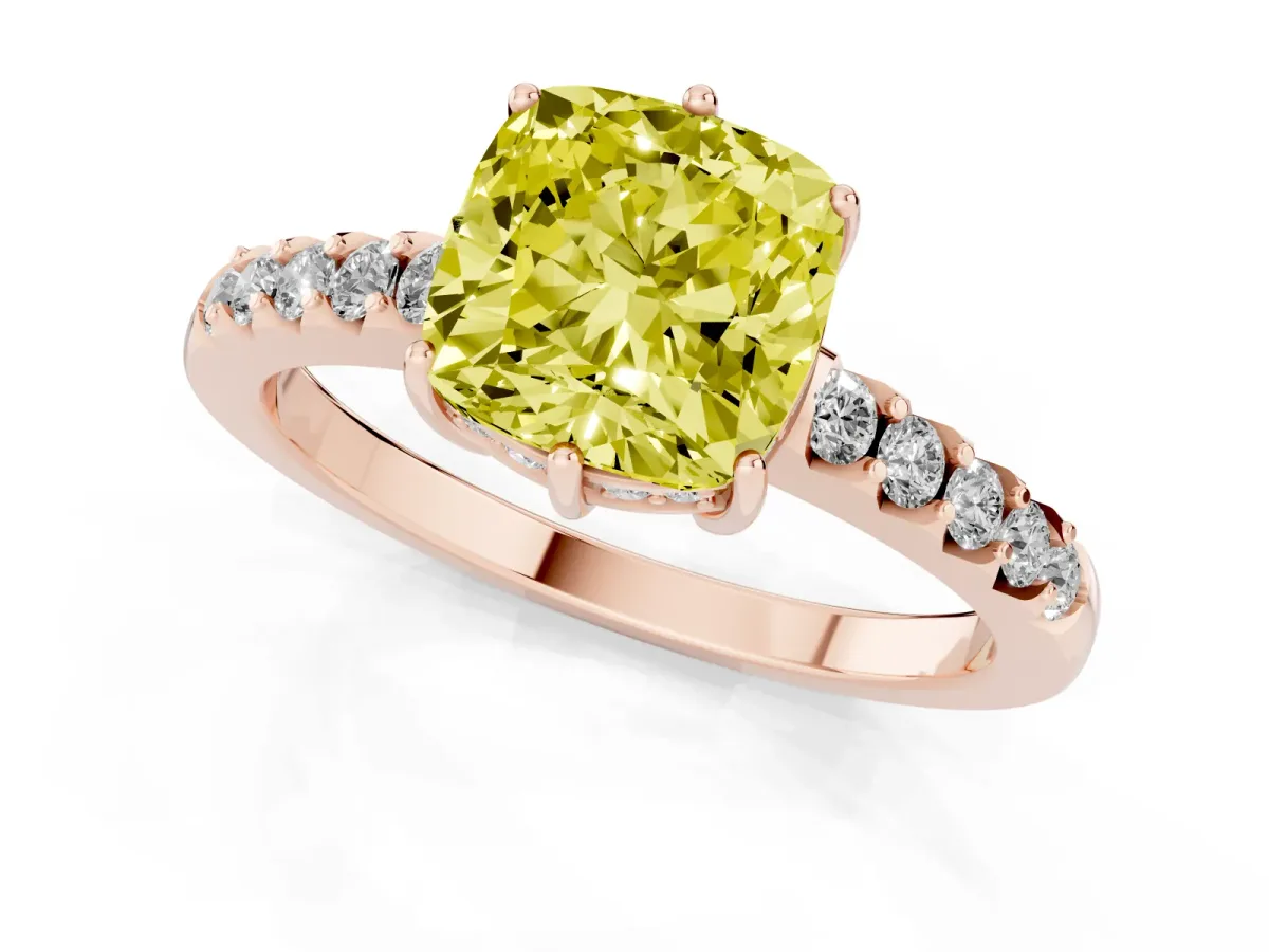 Fancy Yellow Cushion Cut Solitaire Diamond Engagement Ring with Pavé Band and Six-Prong Setting Rose gold