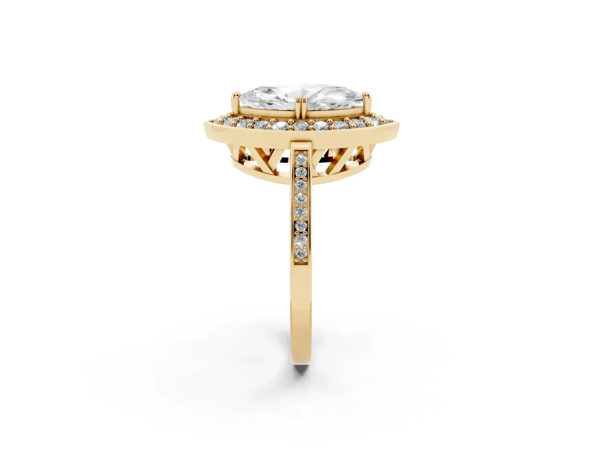 Marquise Cut Diamond Halo Ring with Split Shank and Four-Prong Setting Yellow gold