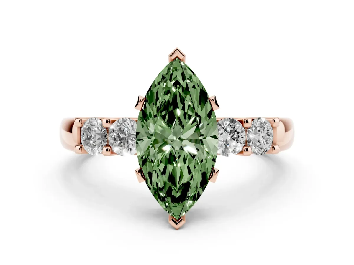 Fancy Green Marquise Cut Brilliant Cut Diamond Five-Stone Prong Set Engagement Ring with Channel Band Rose gold