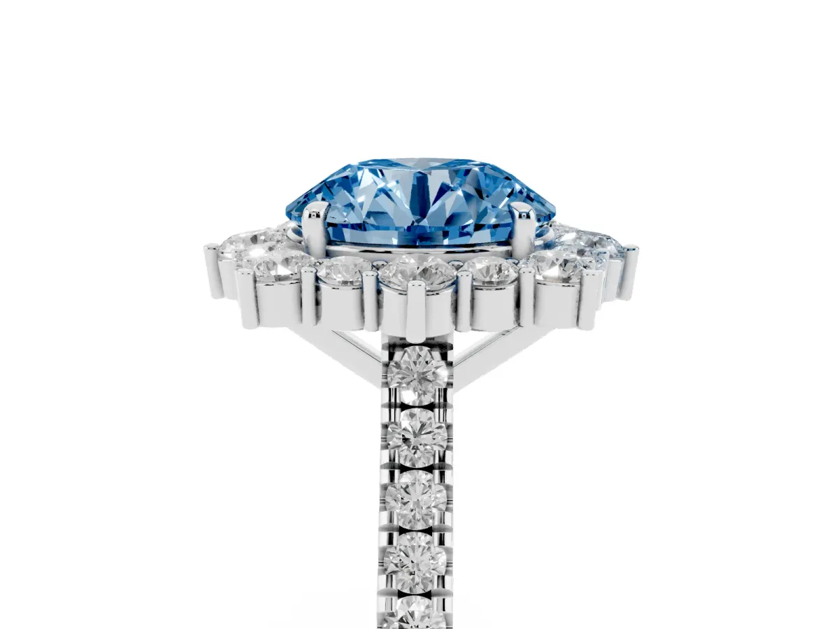 Fancy Blue Round Cut Halo Diamond Ring with Pavé Band and Prong Setting Silver