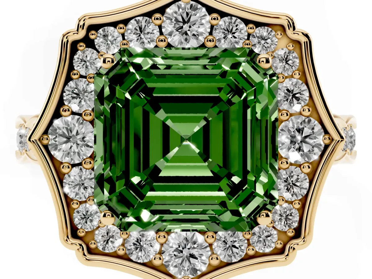 Fancy Green Asscher Cut Halo Diamond Engagement Ring with Milgrain Band and Four-Prong Setting Yellow gold