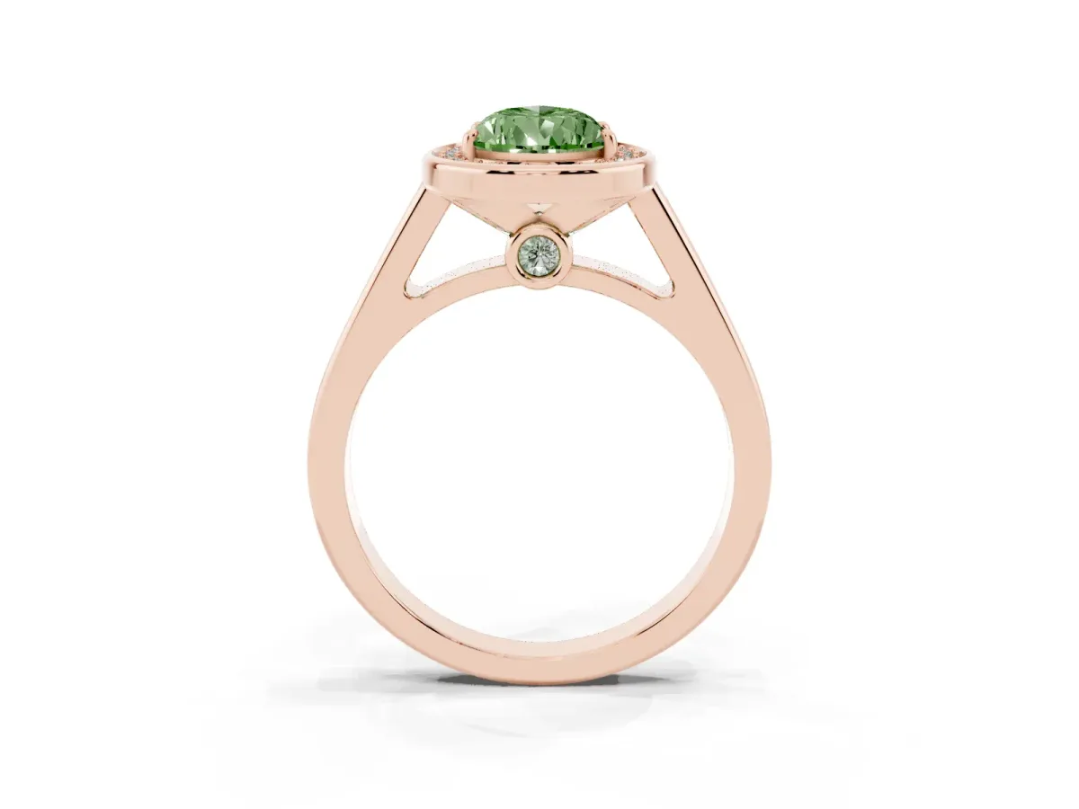 Fancy Green Pear Cut Halo Solitaire Diamond Ring with Pave Band and Bezel Setting Rose gold