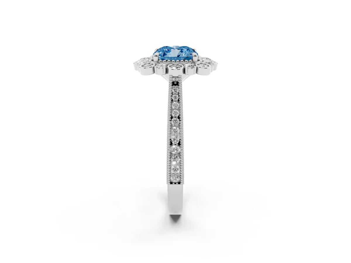 Fancy Blue Cushion Cut Halo Milgrain Pave Diamond Ring with Four-Prong Setting Silver