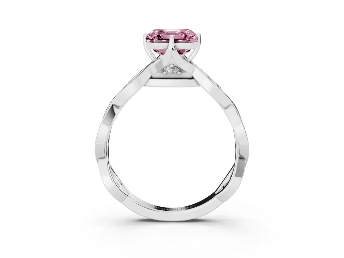 Fancy Pink Asscher Cut Solitaire Twist Band with Leaf Prong Setting Silver