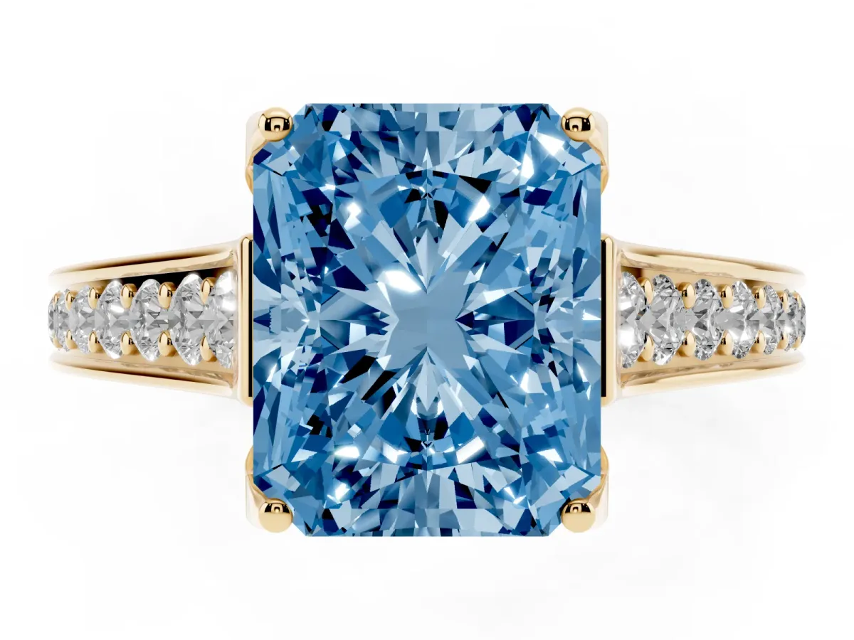Fancy Blue Radiant Cut Brilliant Cut Diamond Engagement Ring with Pavé Band and Four-Prong Setting Yellow gold