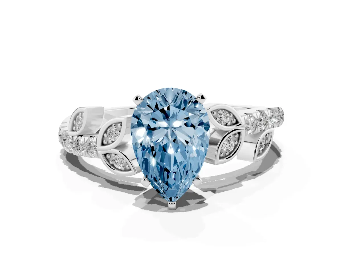 Fancy Blue Pear Cut Solitaire Leaf-Inspired Diamond Ring with Pavé Band and Four-Prong Setting Silver