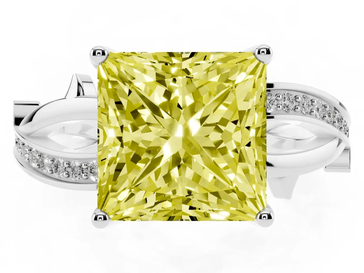 Fancy Yellow Princess Cut Solitaire Twist Band with Pavé Accents and Four-Prong Setting Platinum