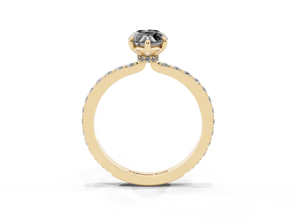 Fancy Black Marquise Cut Diamond Pavé Engagement Ring with Round Accents and Prong Setting Yellow gold