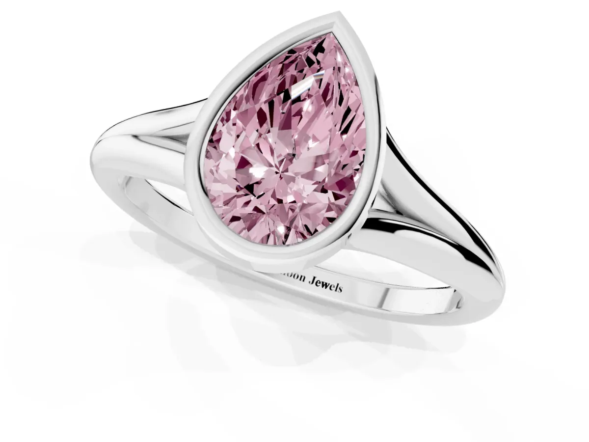 Fancy Pink Bezel Set Pear Cut Cut Solitaire Ring with Tapered Band Silver