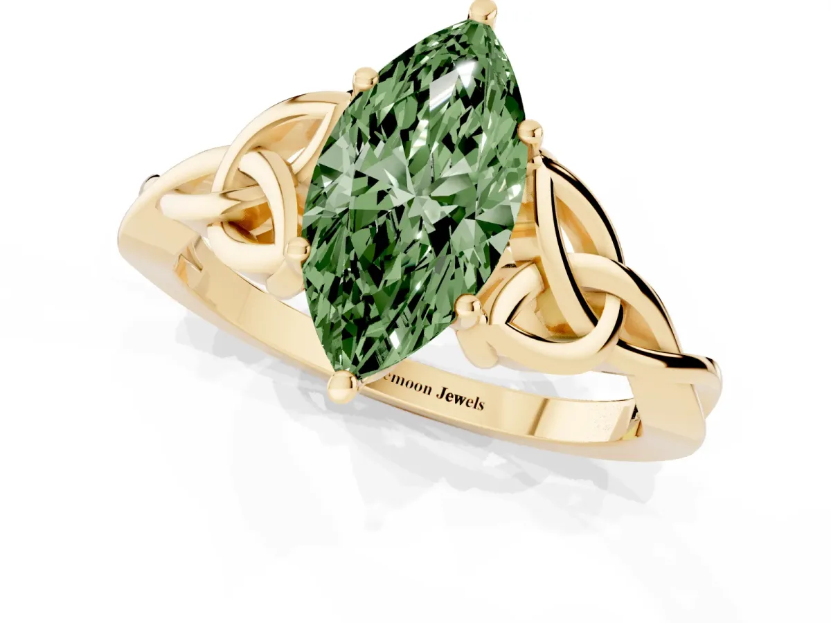 Fancy Green Marquise Cut Diamond Solitaire Engagement Ring with Celtic Knot Band and Four-Prong Setting Yellow gold