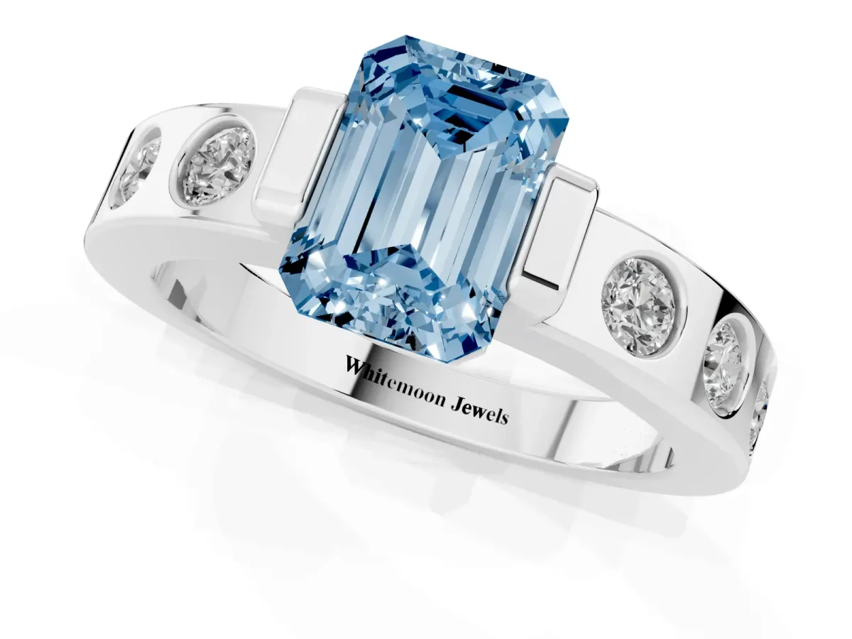 Fancy Blue Emerald Cut Brilliant Channel-Set Diamond Ring with Bezel Prong Setting Silver