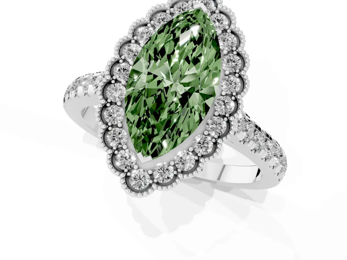 Fancy Green Marquise Cut Cut Diamond Milgrain Floral Halo Engagement Ring with Pavé Band White gold
