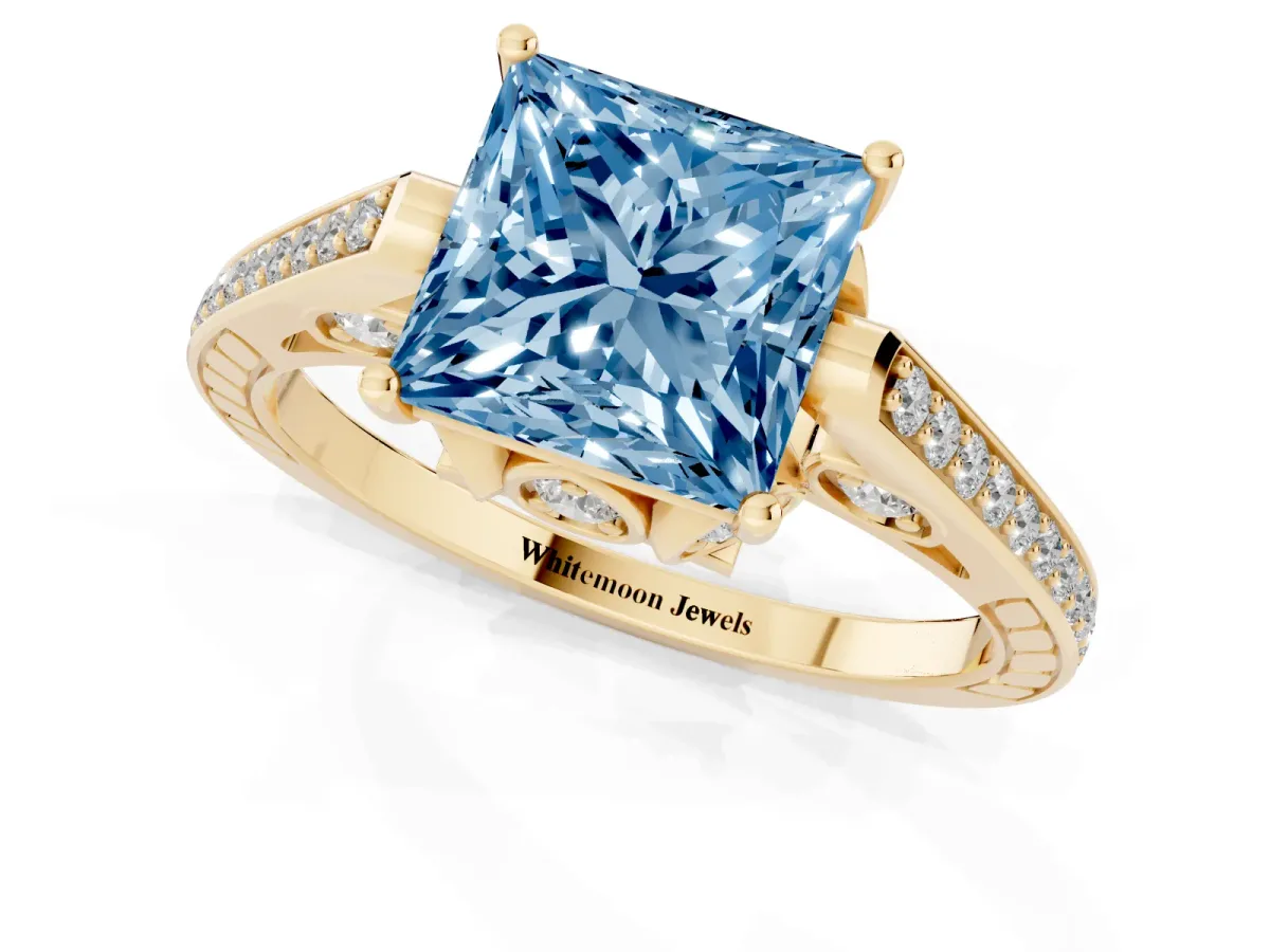 Fancy Blue Princess Cut Cut Cathedral Pave Diamond Engagement Ring with Six-Prong Setting Yellow gold