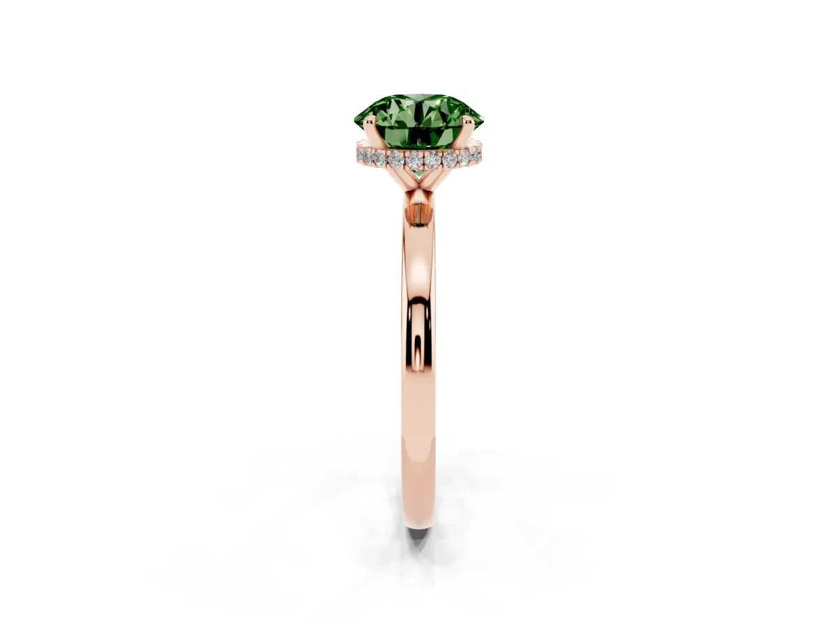 Fancy Green Round Cut Solitaire Engagement Ring with Cathedral Band and Four-Prong Setting Rose gold