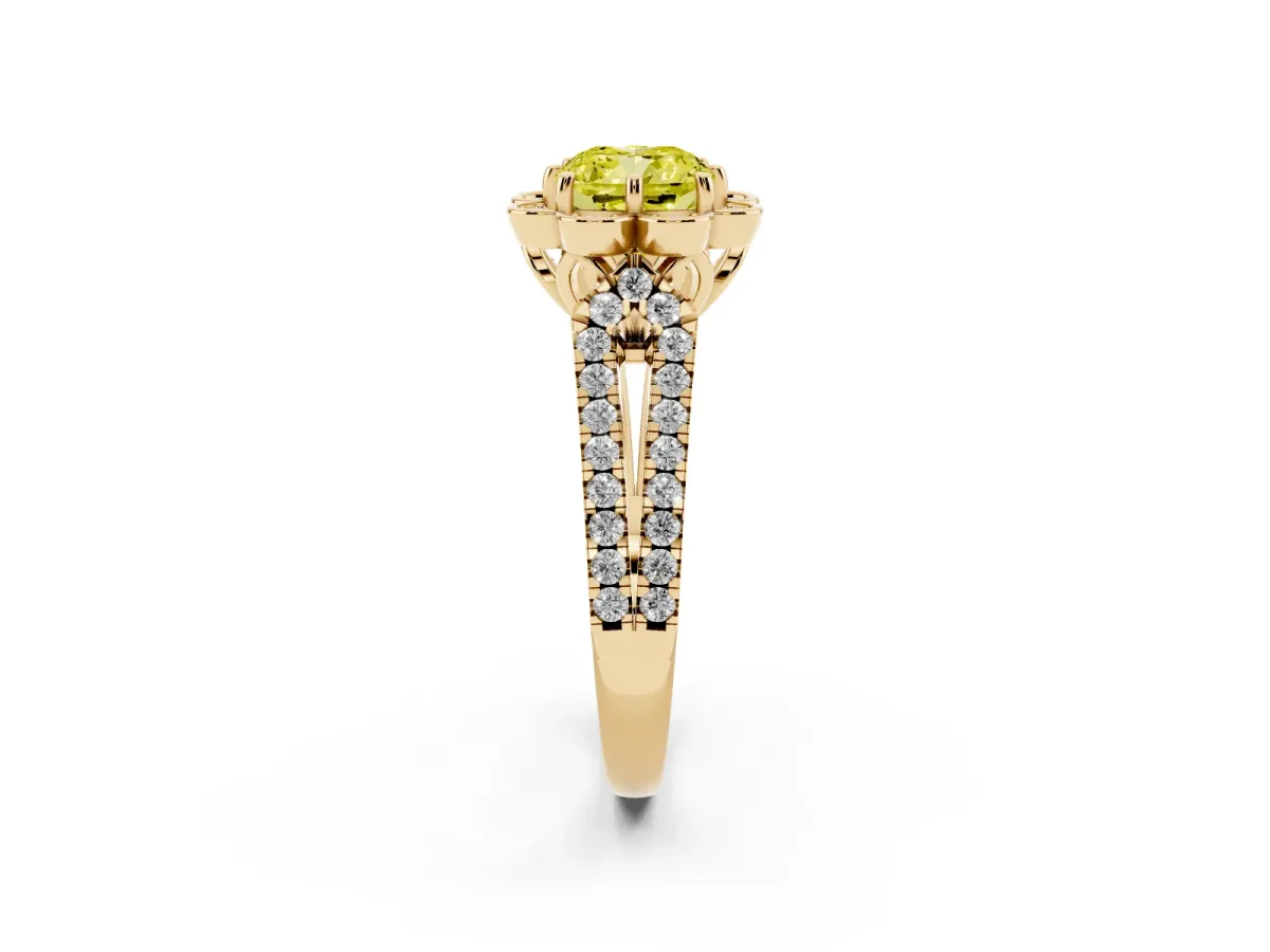 Fancy Yellow Cushion Cut Halo Diamond Floral Split Shank Engagement Ring Yellow gold