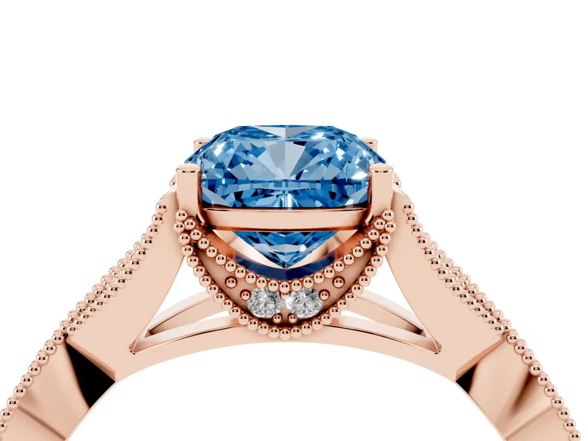 Fancy Blue Cushion Cut Cut Diamond Twisted Band with Milgrain Pave Setting and Four-Prong Setting Rose gold