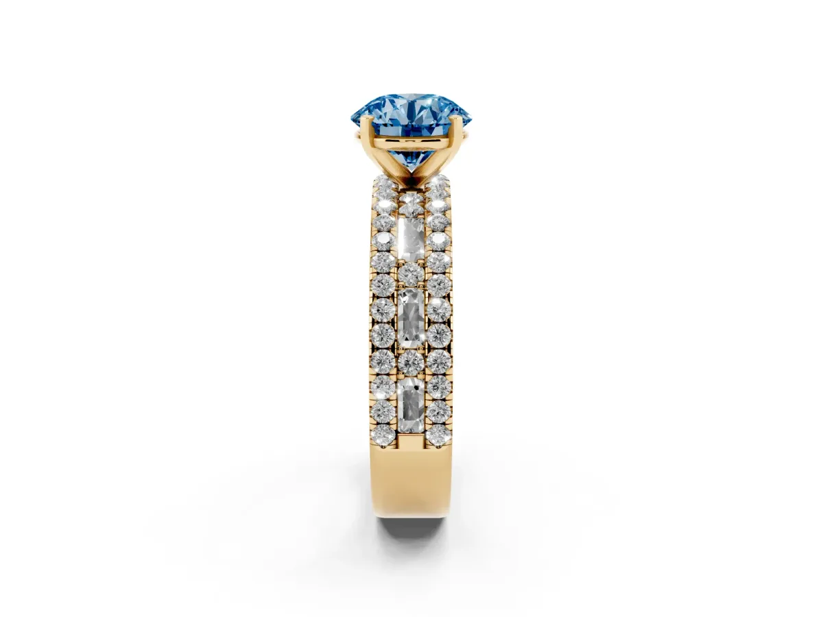 Fancy Blue Round Cut Diamond Solitaire Ring with Pavé and Channel Set Band Yellow gold