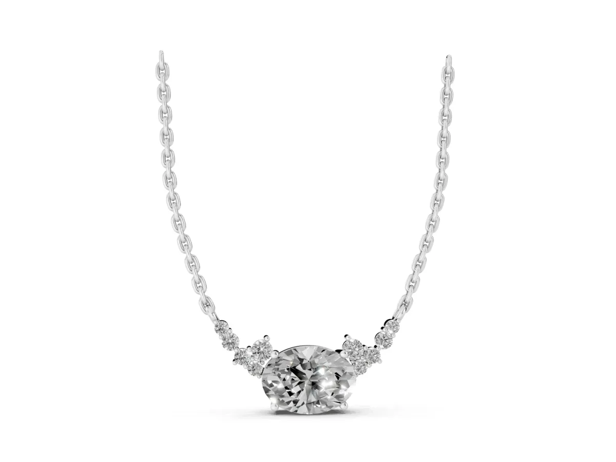 Oval Diamond Pendant with Heart Accents and Prong Setting Silver