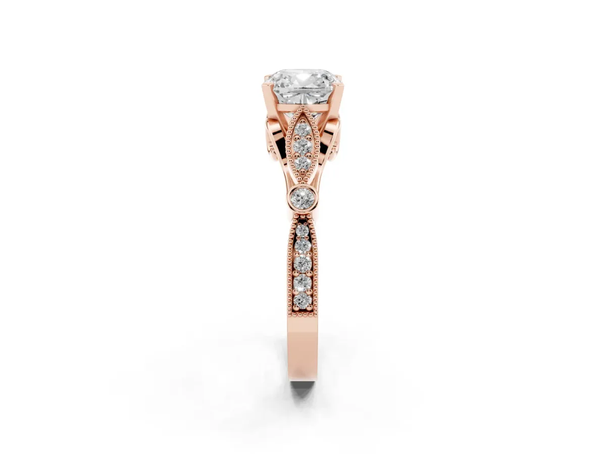 Cushion Cut Cut Diamond with Milgrain Marquise and Bezel Accents on a Solitaire Band with Prong Setting Rose gold
