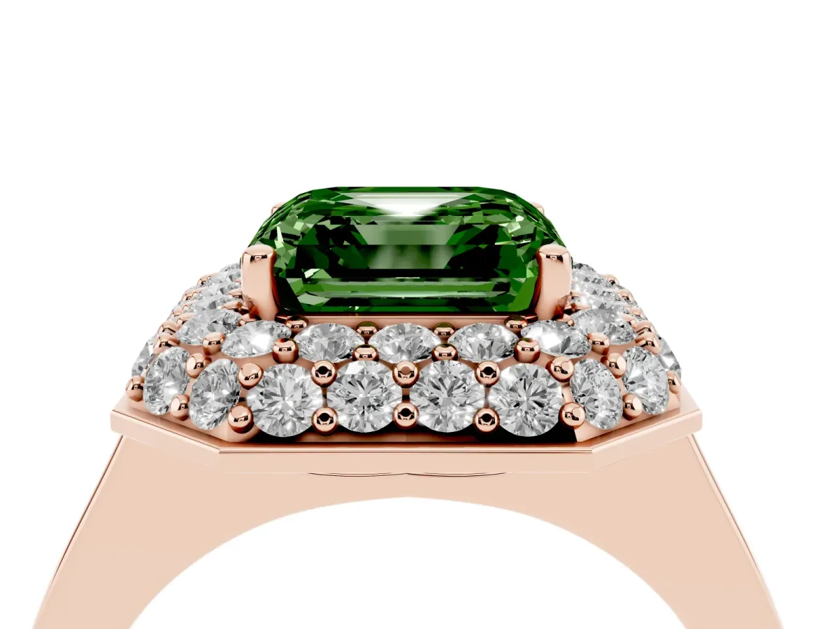 Fancy Green Asscher Cut Halo Diamond Engagement Ring with Solitaire Band and Four-Prong Setting Rose gold