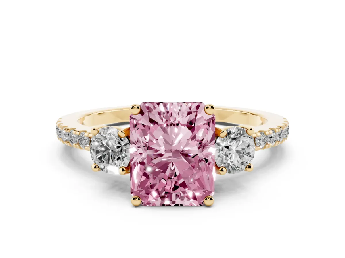 Fancy Pink Three-Stone Radiant Cut Cut Diamond Pavé Band with Prong Setting Yellow gold