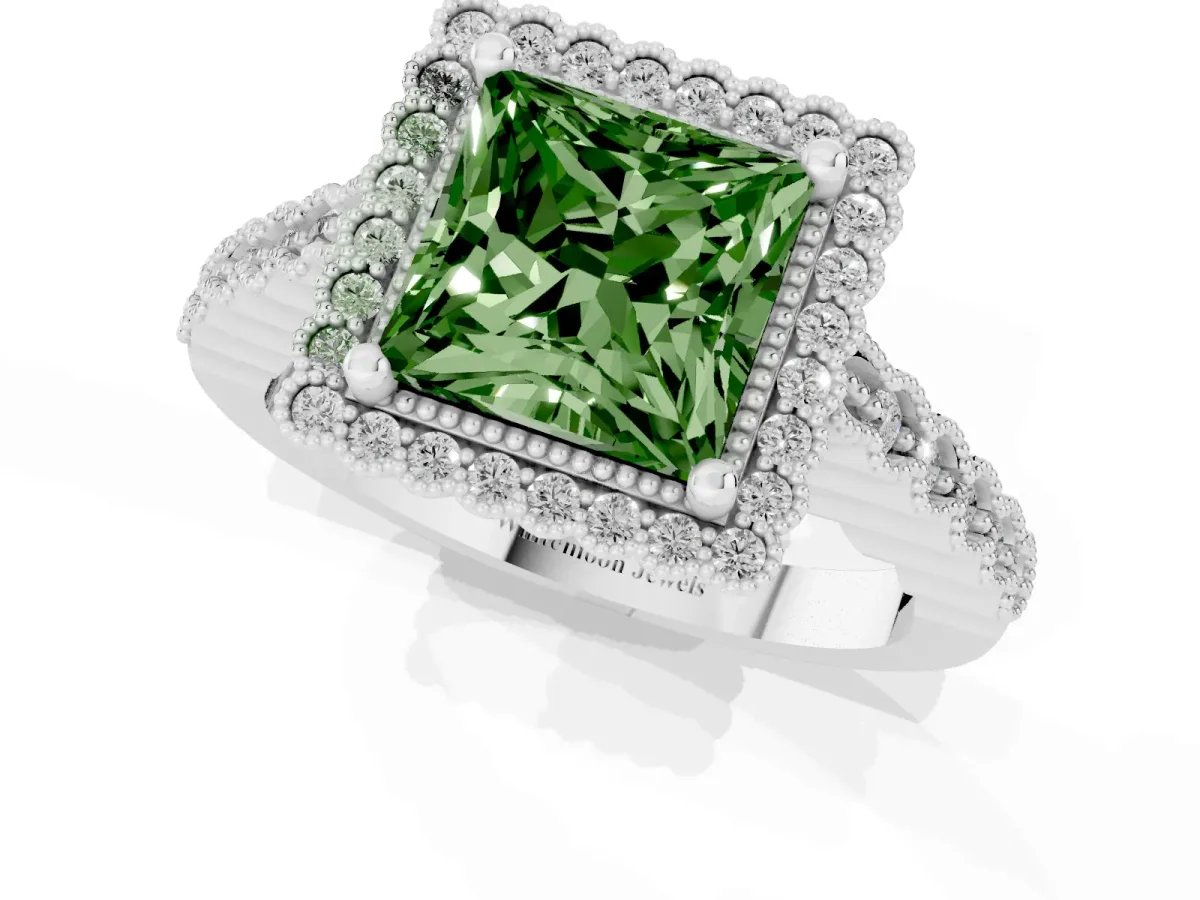 Fancy Green Princess Cut Cut Halo Pavé Solitaire Ring with Milgrain Band Platinum