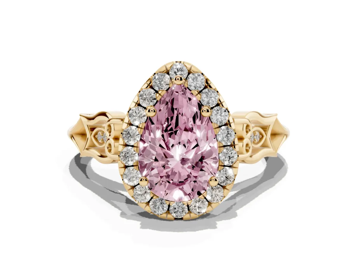 Fancy Pink Pear Cut Halo Diamond Engagement Ring with Filigree Band and Four-Prong Setting Yellow gold