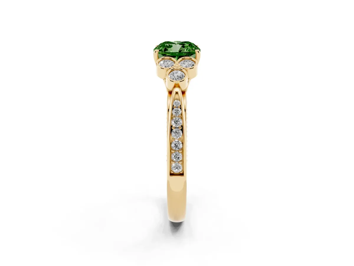 Fancy Green Cushion Cut Cut Diamond Engagement Ring with Bezel Set Round Side Stones and Prong Setting Yellow gold