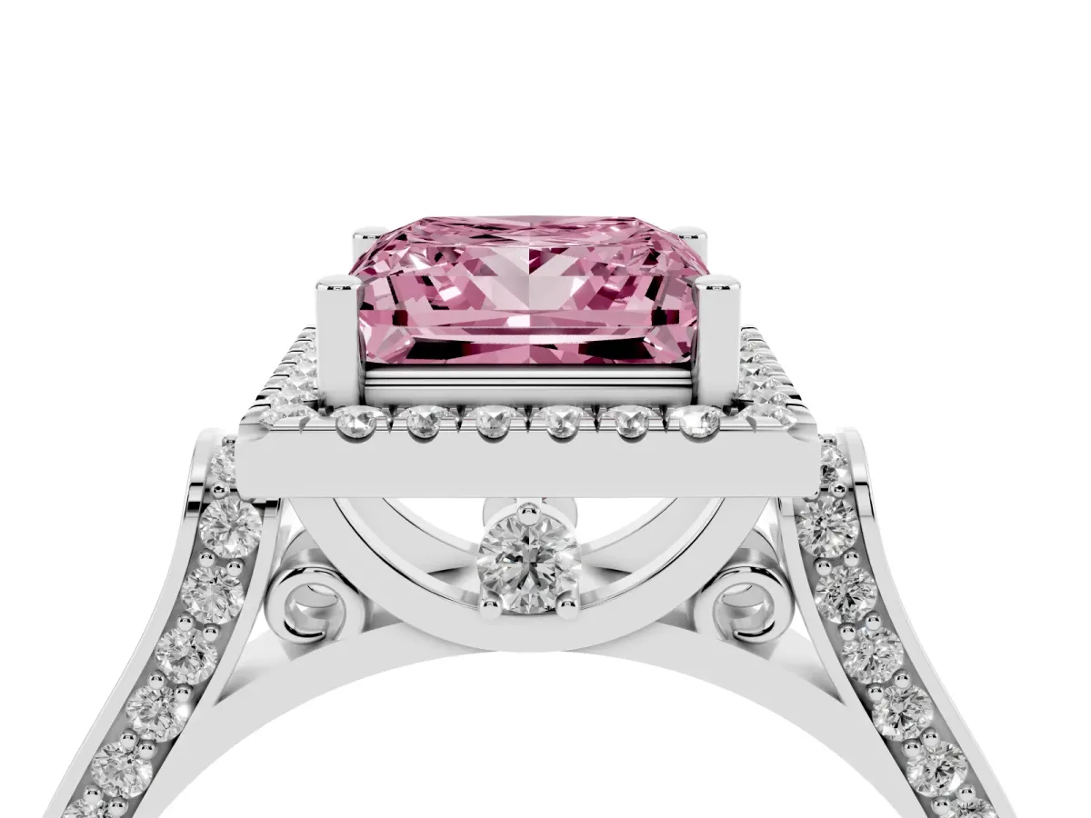 Fancy Pink Princess Cut Halo Round Diamond Twist Band with Four-Prong Setting White gold