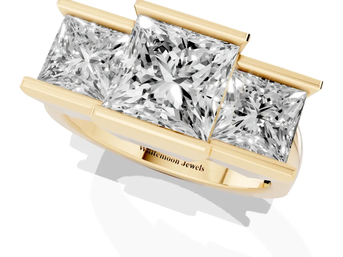 Three Stone Princess Cut Cut Channel Set Diamond Ring Yellow gold