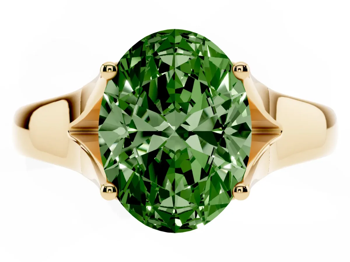 Fancy Green Oval Cut Solitaire Diamond Ring with Cathedral Band and Four-Prong Setting Yellow gold