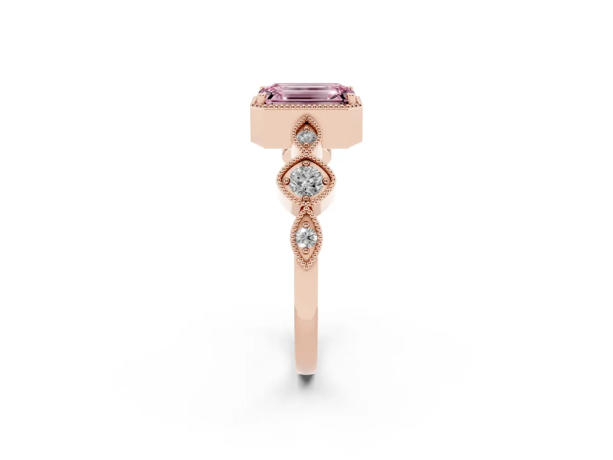 Fancy Pink Emerald Cut Diamond Vintage Milgrain Ring with Round Stations Rose gold