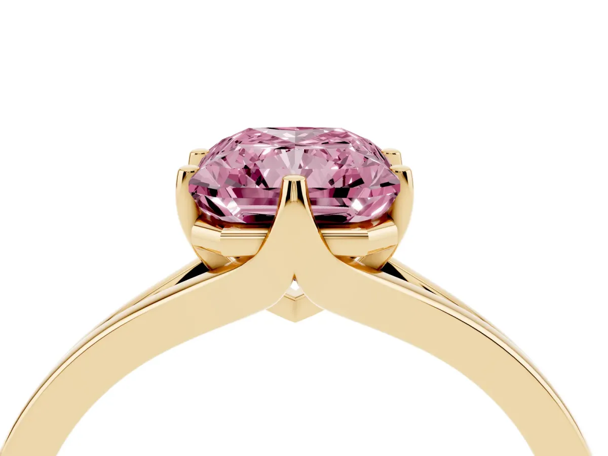 Fancy Pink Radiant Cut Solitaire Diamond Ring with Six-Prong Setting and Tapered Band Yellow gold