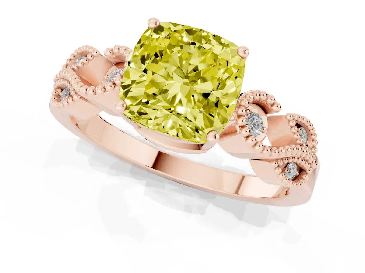 Fancy Yellow Cushion Cut Solitaire Milgrain Leaf Band with Prong Setting Rose gold