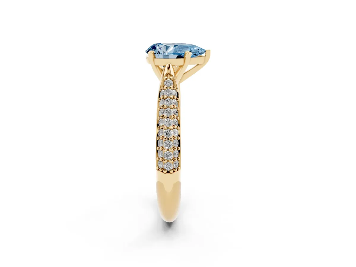 Fancy Blue Pear Cut Diamond Solitaire Engagement Ring with Multi-Row Round Pavé Band and Prong Setting Yellow gold