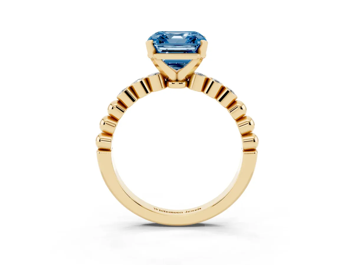 Fancy Blue Asscher Cut Solitaire Bezel Accent Diamond Engagement Ring with Beaded Band and Four-Prong Setting Yellow gold