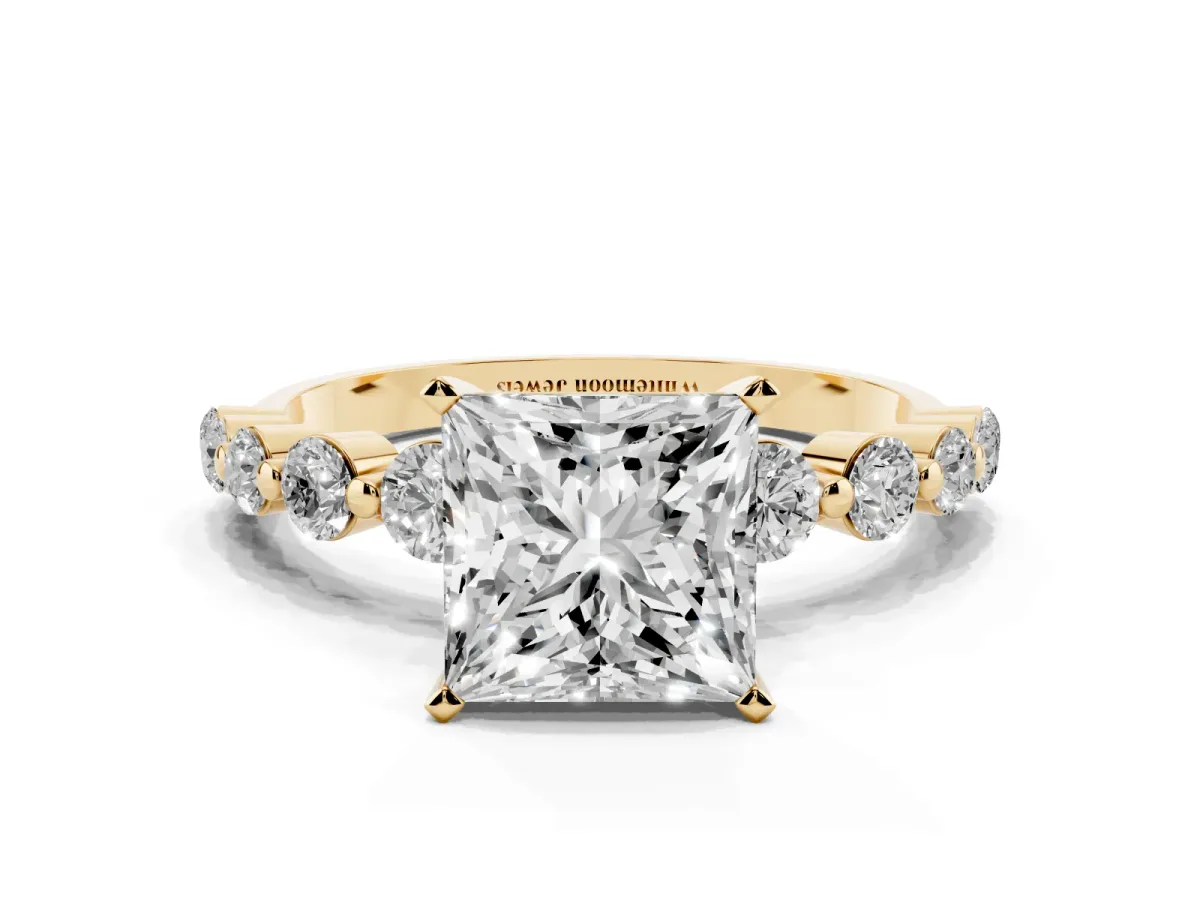 Princess Cut Solitaire Diamond Ring with Pave Band and Four-Prong Setting Yellow gold