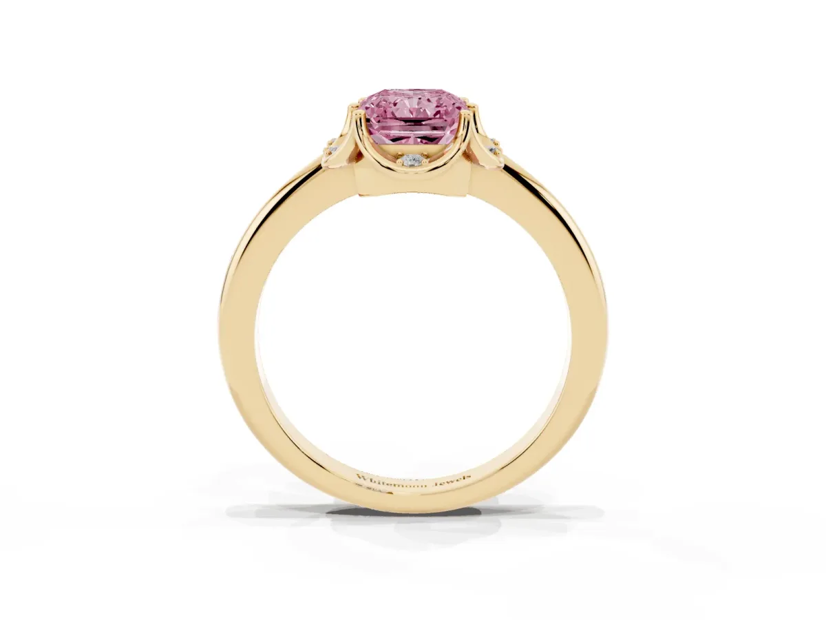 Fancy Pink Radiant Cut Halo Diamond Ring with Round Cluster Setting, Solitaire Band, and Four-Prong Setting Yellow gold