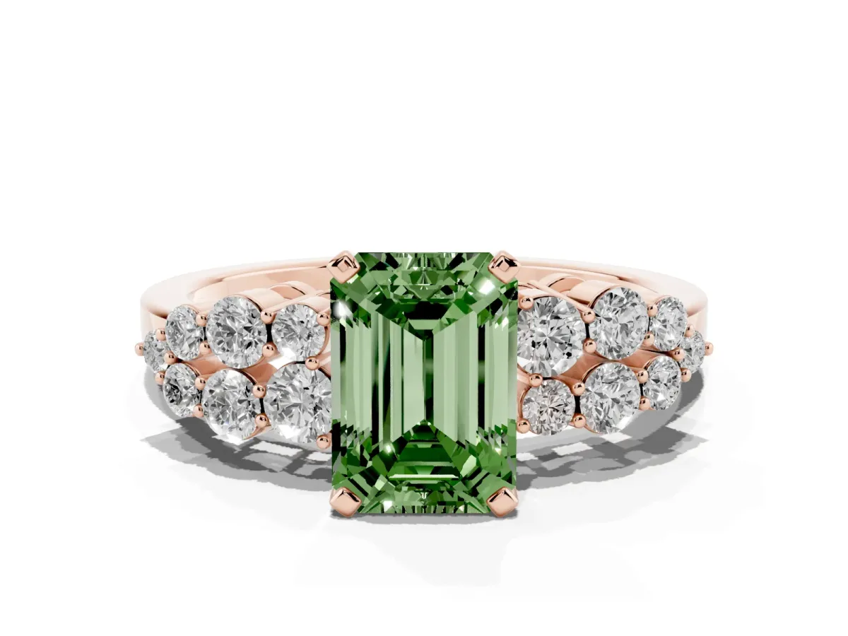 Fancy Green Emerald Cut Cluster Diamond Engagement Ring with Pavé Band and Four-Prong Setting Rose gold