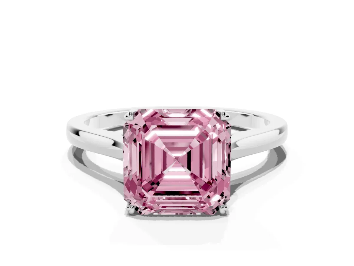 Fancy Pink Asscher Cut Solitaire Heart Prong Engagement Ring with Tapered Band Silver